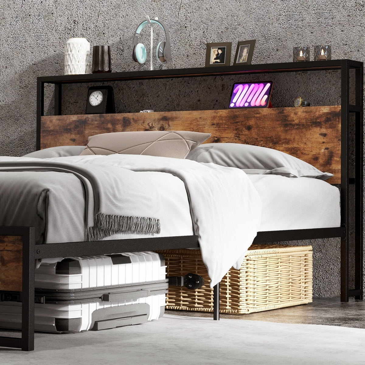 Full/Queen Bed Frame with 2-Tier Storage Headboard and Charging Station-Queen Size view 6