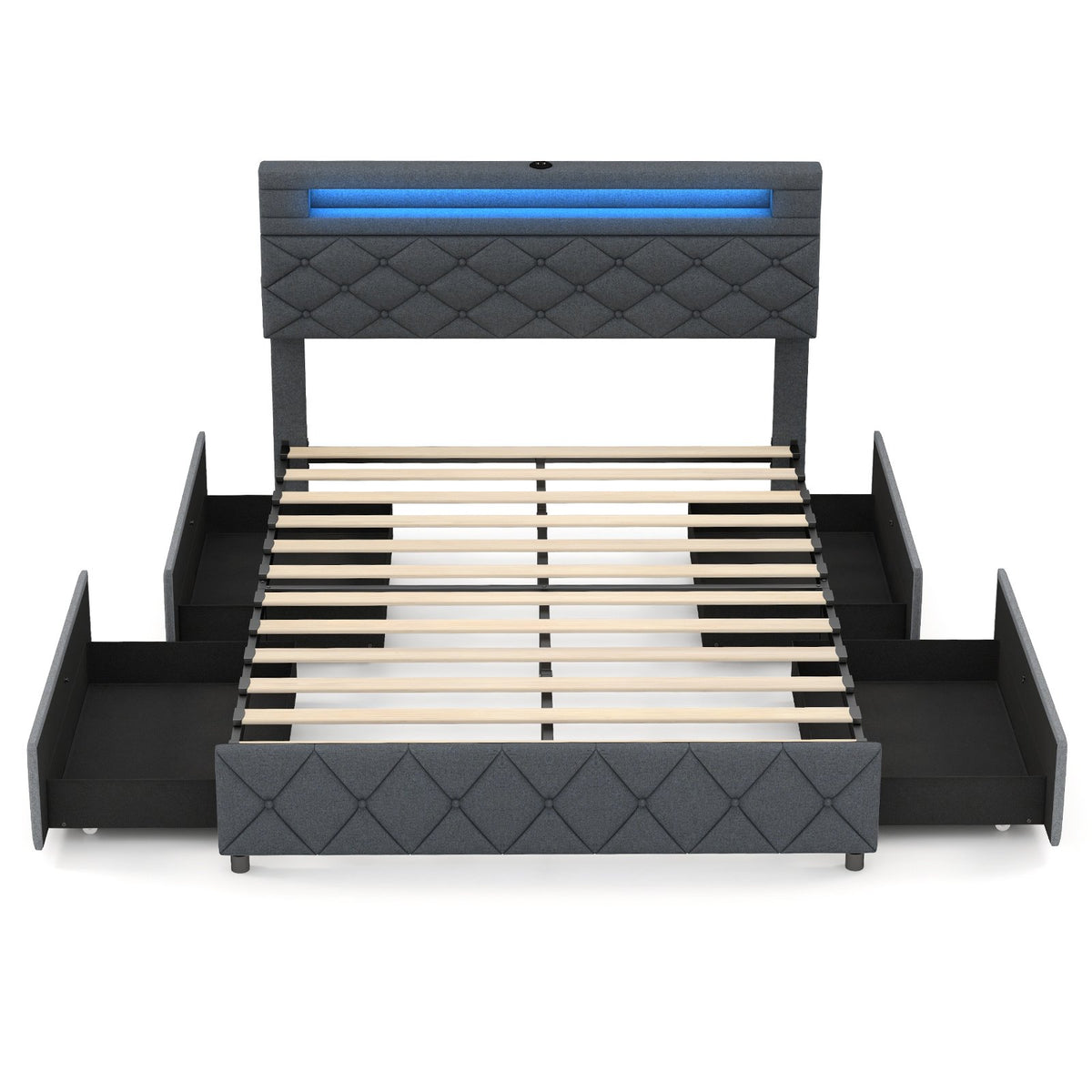 Full/Queen Size Bed Frame with Adjustable Storage Headboard and Wooden Slat Support-Full view 4
