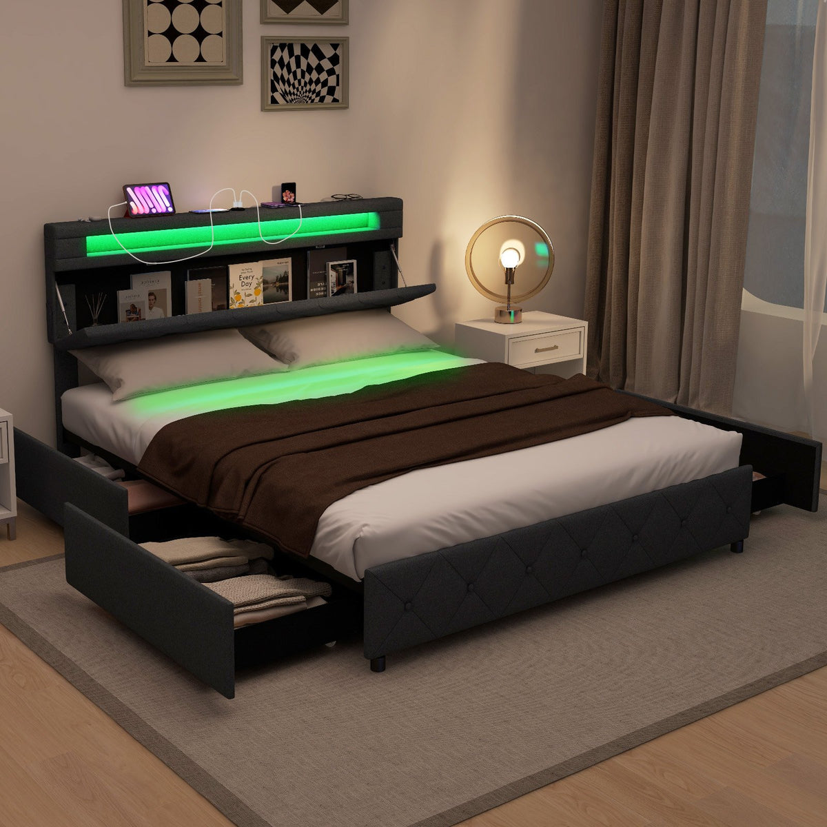 Full/Queen Size Bed Frame with Adjustable Storage Headboard and Wooden Slat Support-Queen Size view 3