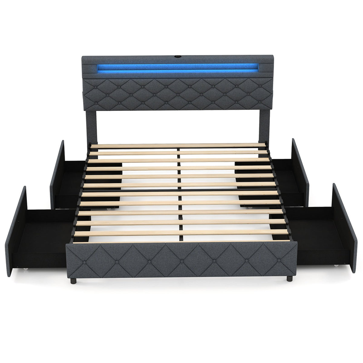 Full/Queen Size Bed Frame with Adjustable Storage Headboard and Wooden Slat Support-Queen Size view 4