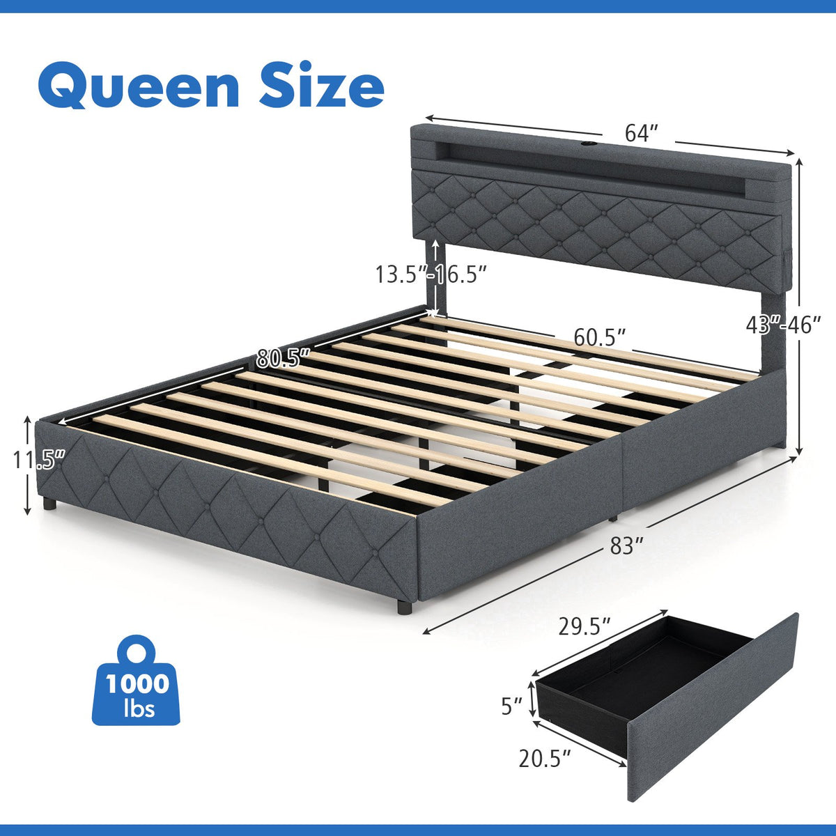 Full/Queen Size Bed Frame with Adjustable Storage Headboard and Wooden Slat Support-Queen Size view 5