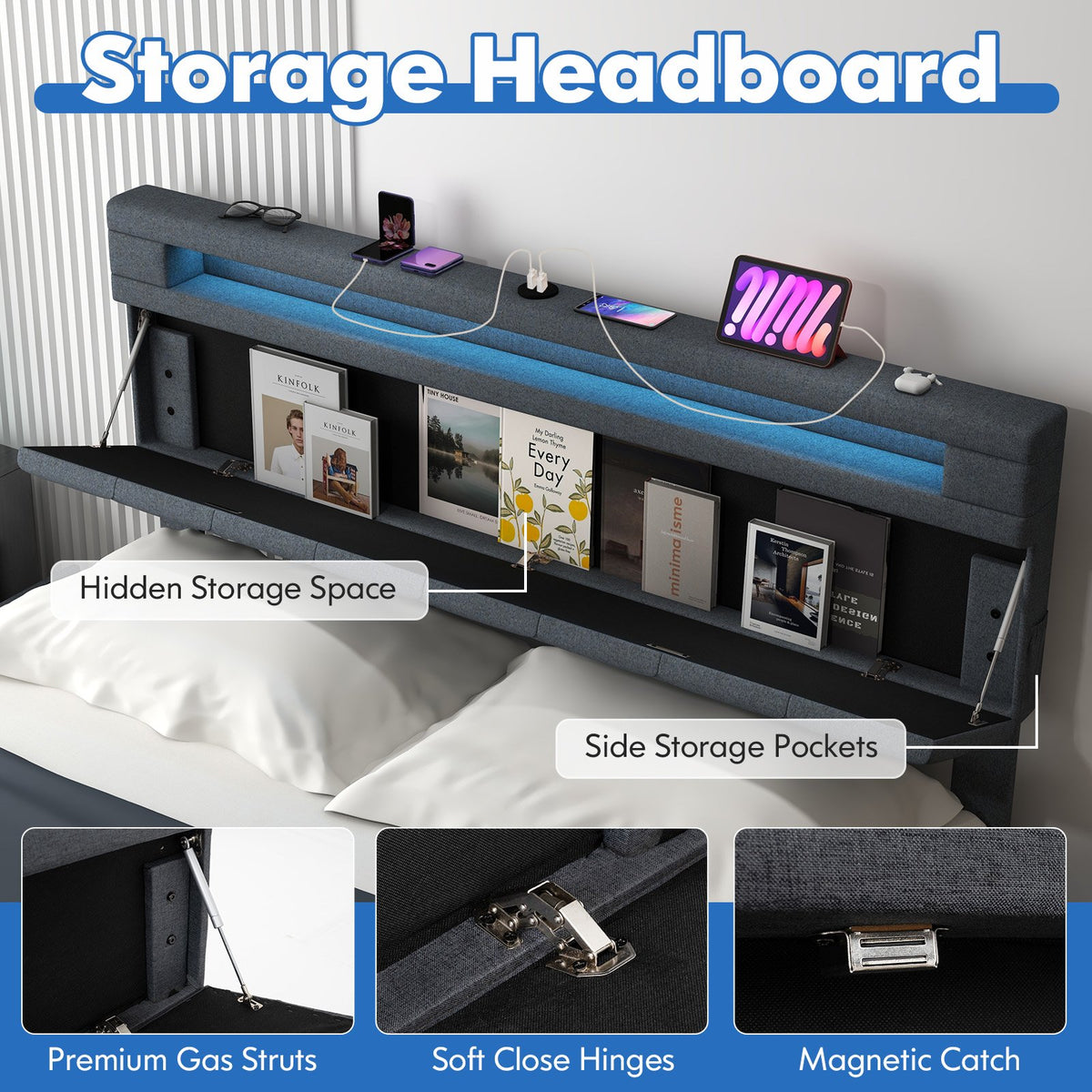 Full/Queen Size Bed Frame with Adjustable Storage Headboard and Wooden Slat Support-Queen Size view 8