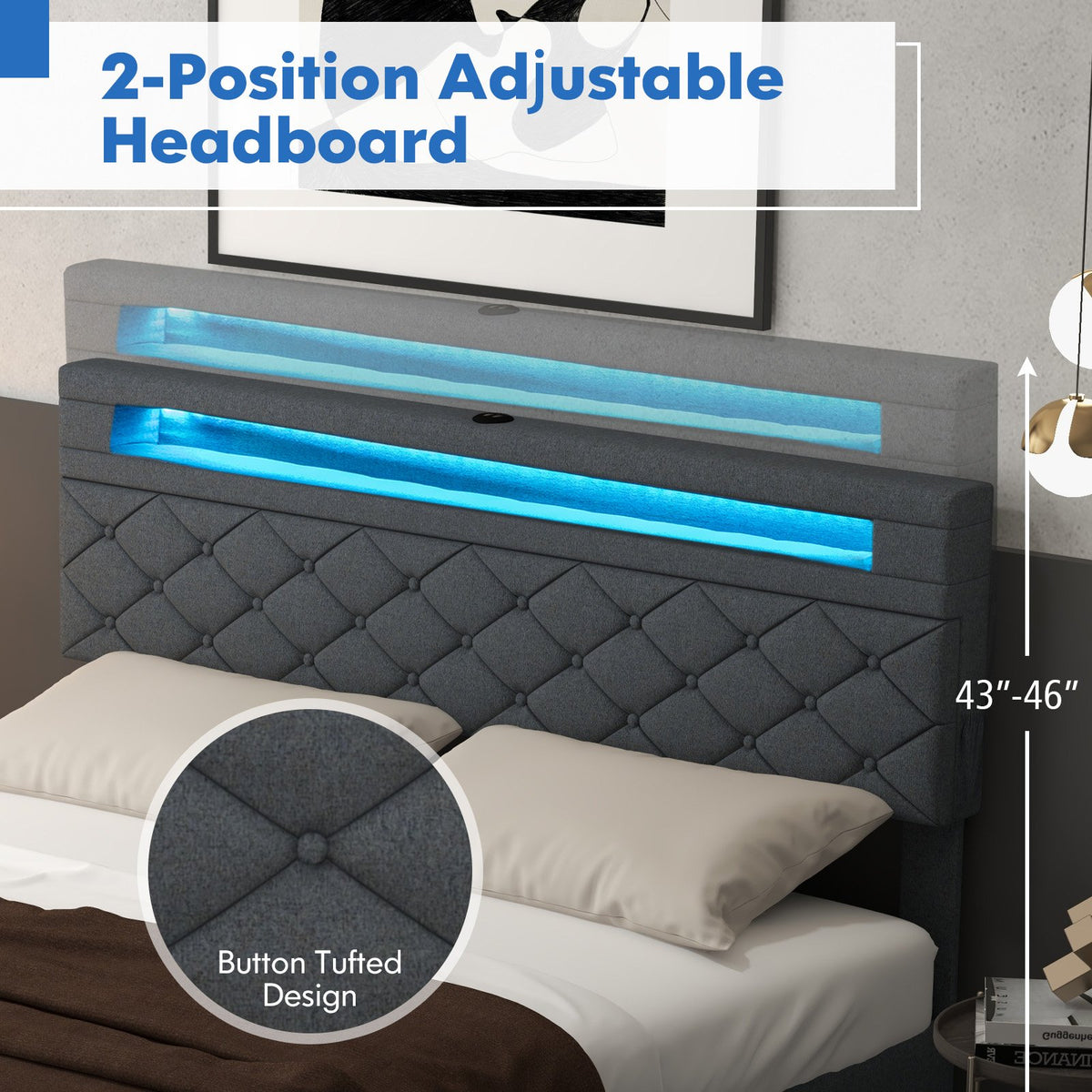 Full/Queen Size Bed Frame with Adjustable Storage Headboard and Wooden Slat Support-Queen Size view 9