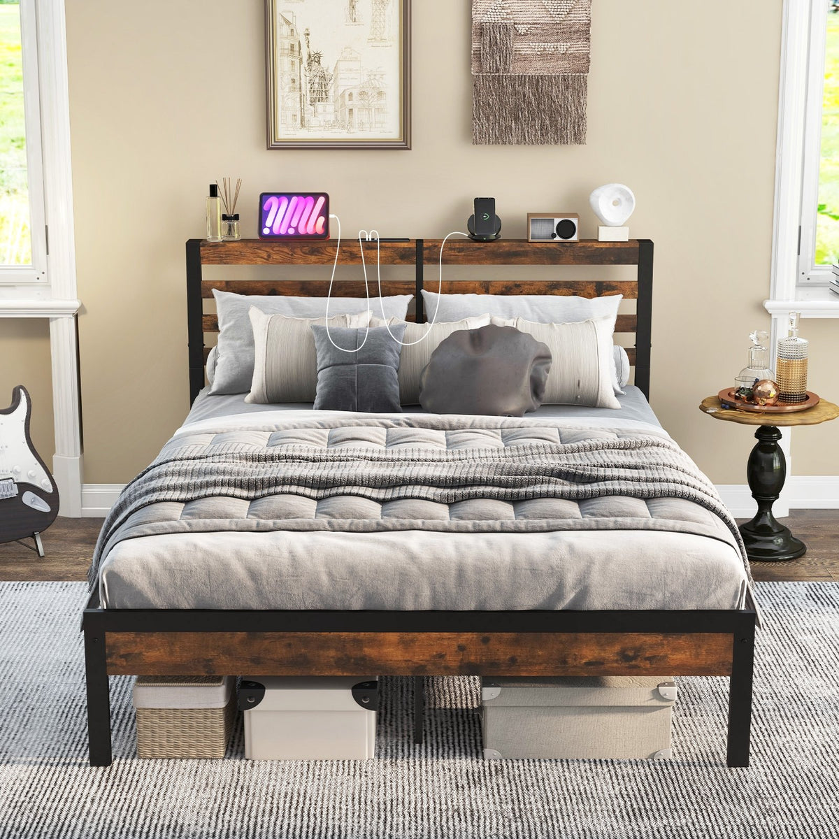 Full/Queen Size Bed Frame with Charging Station and Storage Headboard-Queen Size view 5