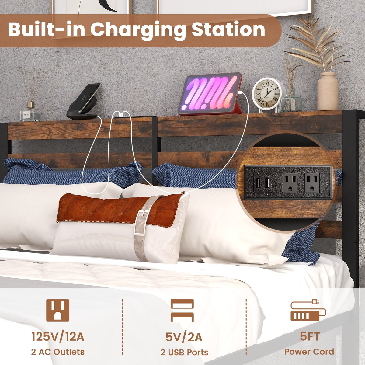 Full/Queen Size Bed Frame with Charging Station and Storage Headboard-Queen Size view 7