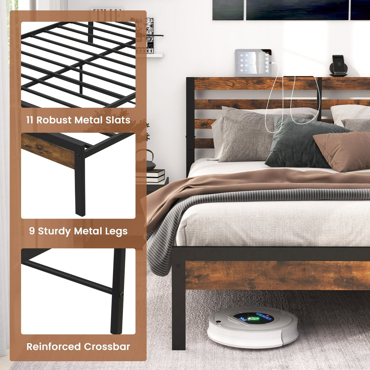 Full/Queen Size Bed Frame with Charging Station and Storage Headboard-Queen Size view 8