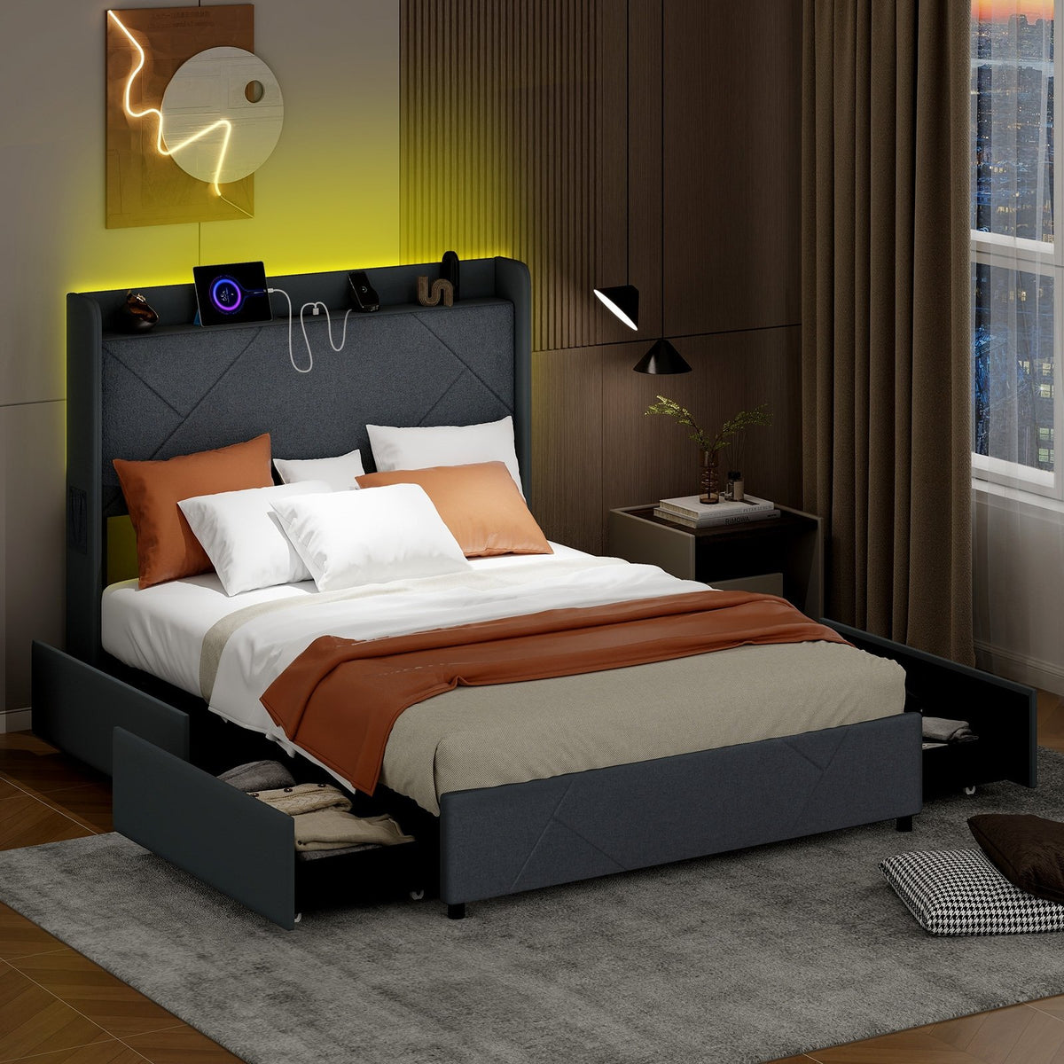 Full/Queen Size Bed Frame with LED Lights and Charging Station-Full Size view 2