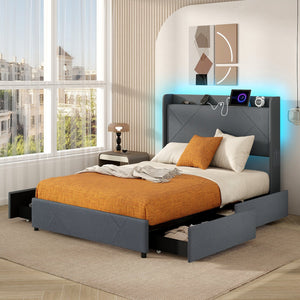 Full/Queen Size Bed Frame with LED Lights and Charging Station-Full Size view 3