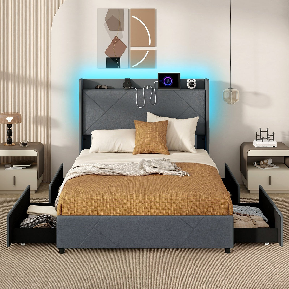 Full/Queen Size Bed Frame with LED Lights and Charging Station-Full Size view 5