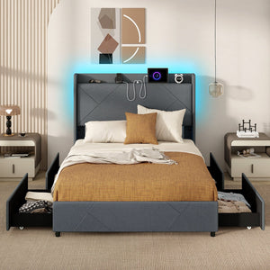 Full/Queen Size Bed Frame with LED Lights and Charging Station-Full Size view 5