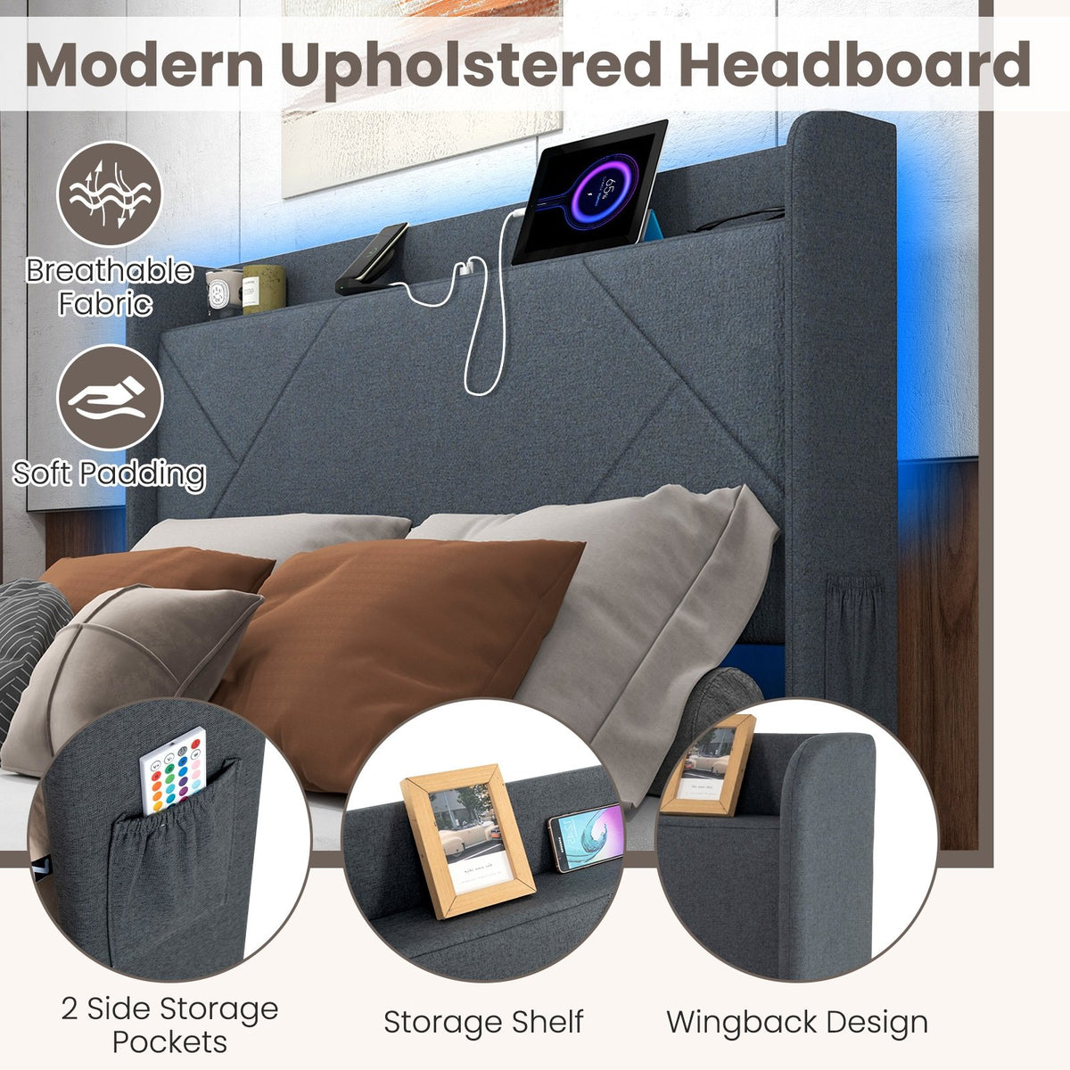 Full/Queen Size Bed Frame with LED Lights and Charging Station-Full Size view 7