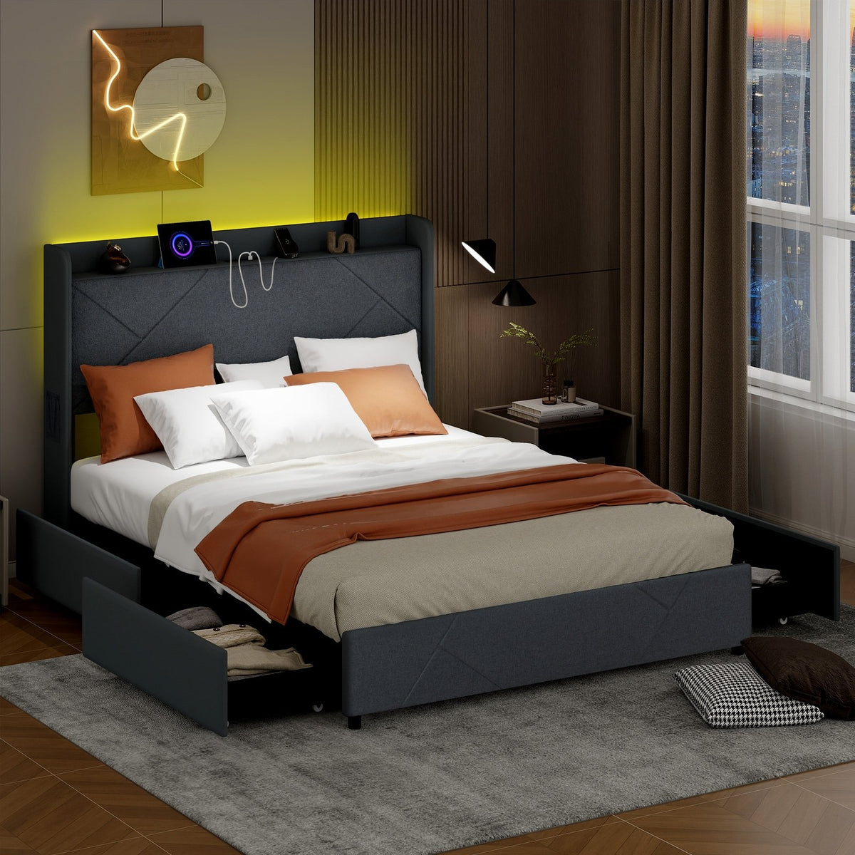 Full/Queen Size Bed Frame with LED Lights and Charging Station-Queen Size view 2