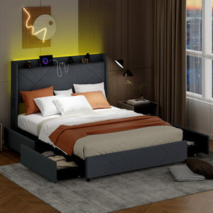 Full/Queen Size Bed Frame with LED Lights and Charging Station-Queen Size view 2
