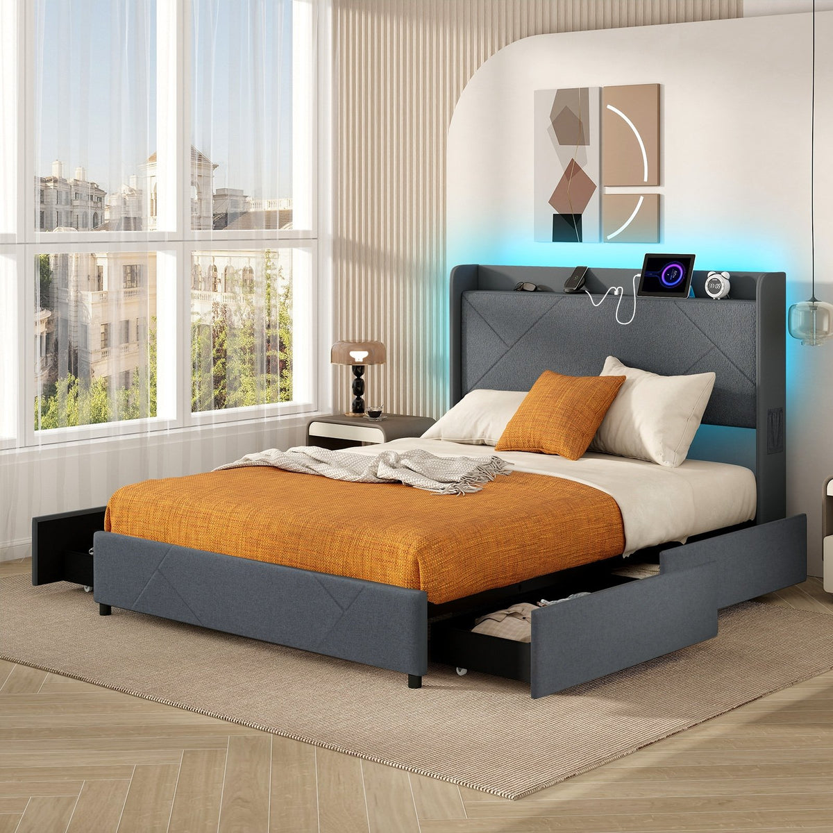 Full/Queen Size Bed Frame with LED Lights and Charging Station-Queen Size view 3