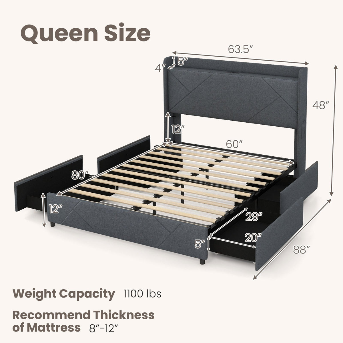 Full/Queen Size Bed Frame with LED Lights and Charging Station-Queen Size view 4
