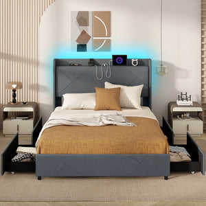 Full/Queen Size Bed Frame with LED Lights and Charging Station-Queen Size view 5