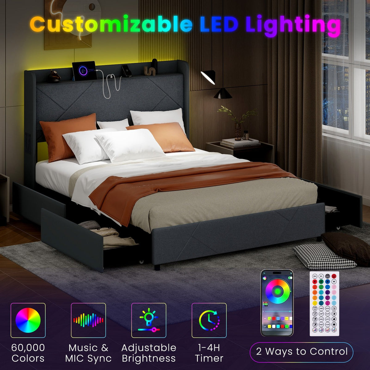 Full/Queen Size Bed Frame with LED Lights and Charging Station-Queen Size view 6
