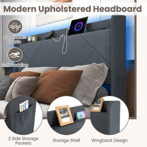 Full/Queen Size Bed Frame with LED Lights and Charging Station-Queen Size view 7