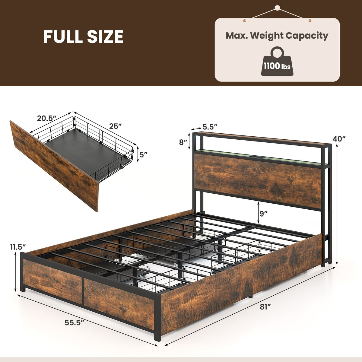 Full/Queen Size Bed Frame with Smart LED Lights and Storage Drawers-Full Size view 4