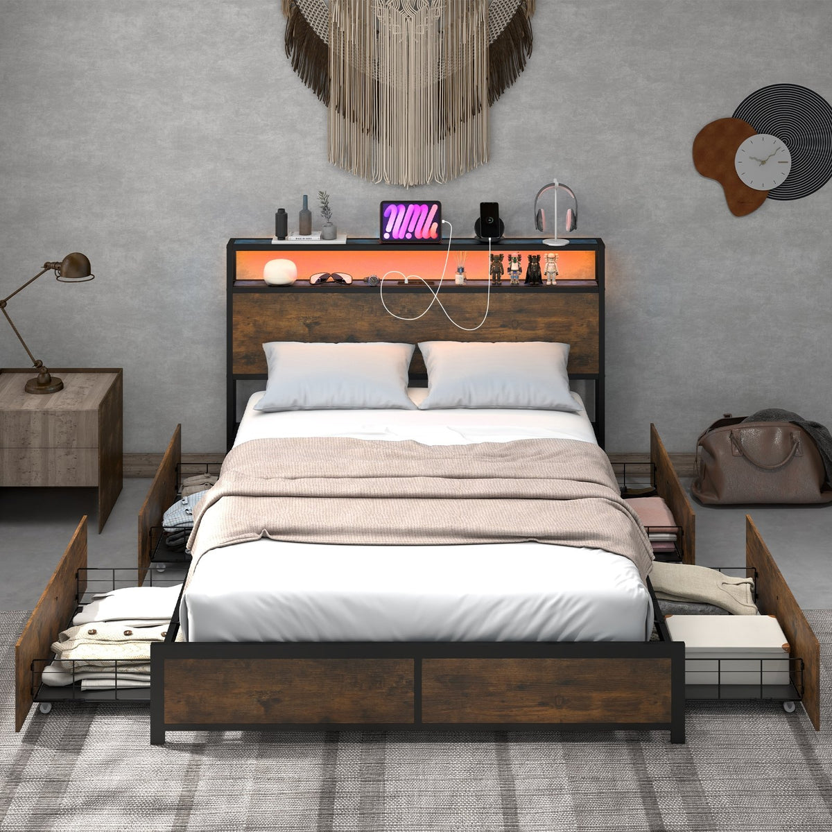 Full/Queen Size Bed Frame with Smart LED Lights and Storage Drawers-Full Size view 5