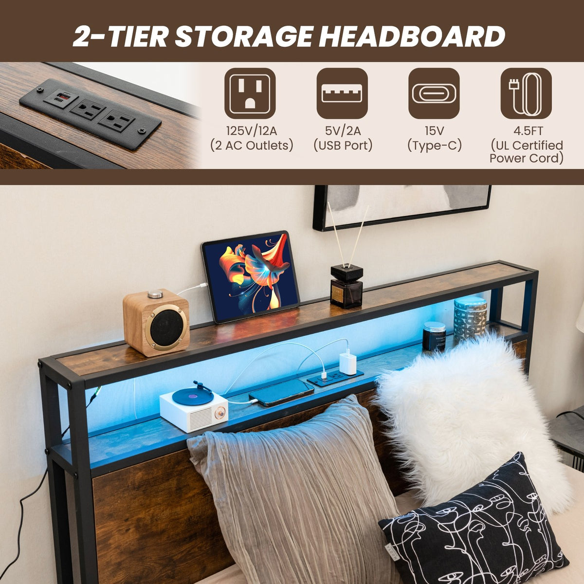 Full/Queen Size Bed Frame with Smart LED Lights and Storage Drawers-Full Size view 7
