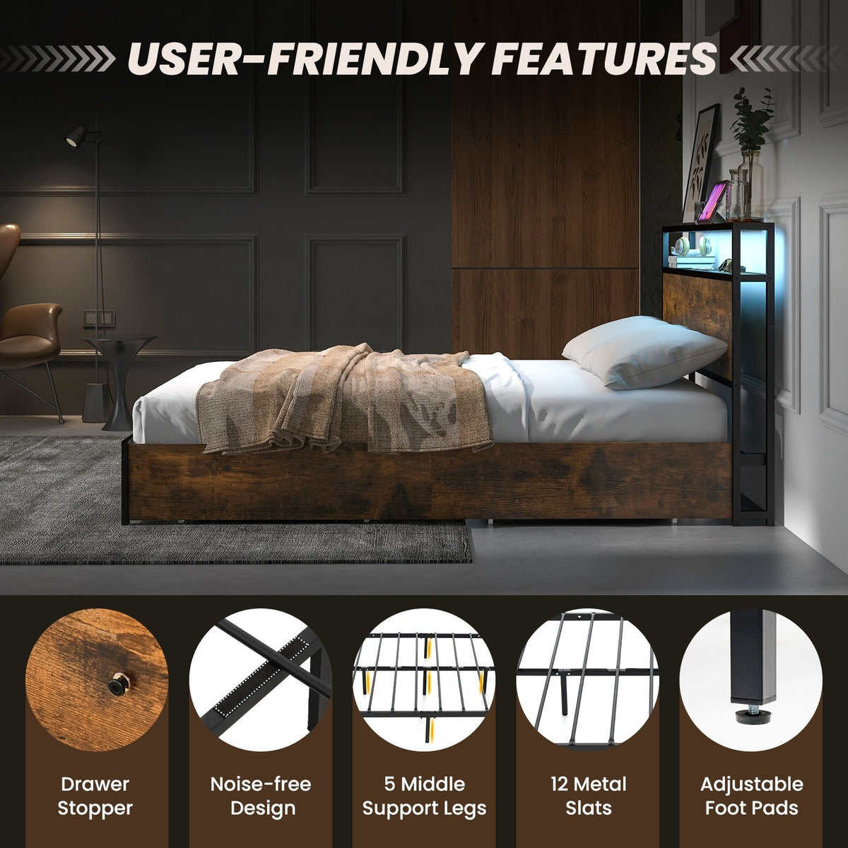Full/Queen Size Bed Frame with Smart LED Lights and Storage Drawers-Full Size view 9