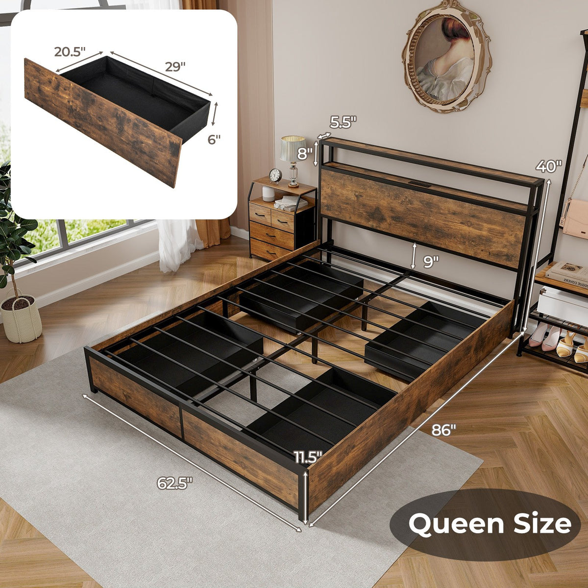 Full/Queen Size Bed Frame with Smart LED Lights and Storage Drawers-Queen Size view 5