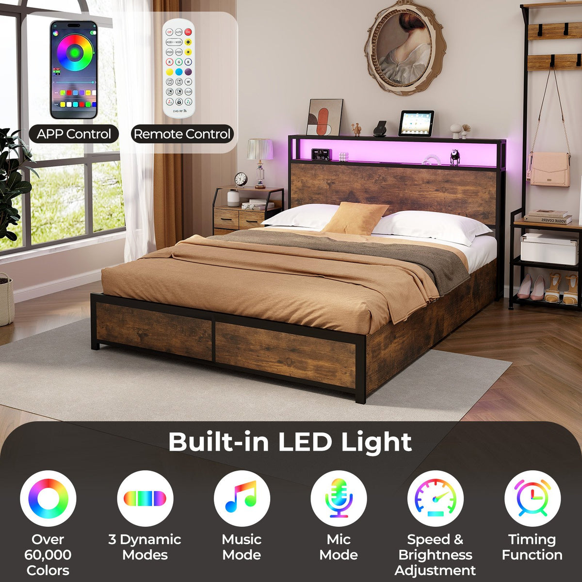 Full/Queen Size Bed Frame with Smart LED Lights and Storage Drawers-Queen Size view 7