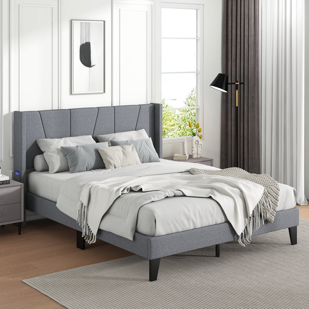 Full/Queen Size Bed Frame with Wingback Headboard and Wood Slat Support-Queen Size view 3