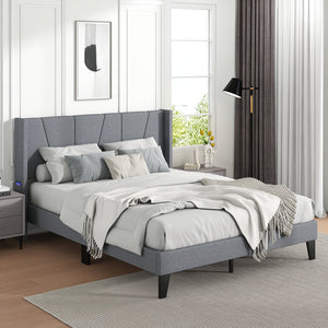 Full/Queen Size Bed Frame with Wingback Headboard and Wood Slat Support-Queen Size view 3