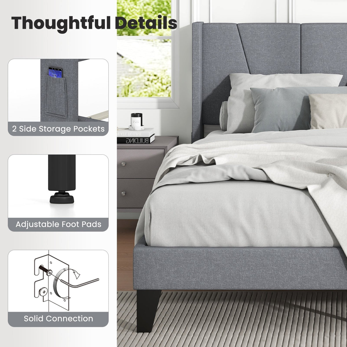 Full/Queen Size Bed Frame with Wingback Headboard and Wood Slat Support-Queen Size view 9