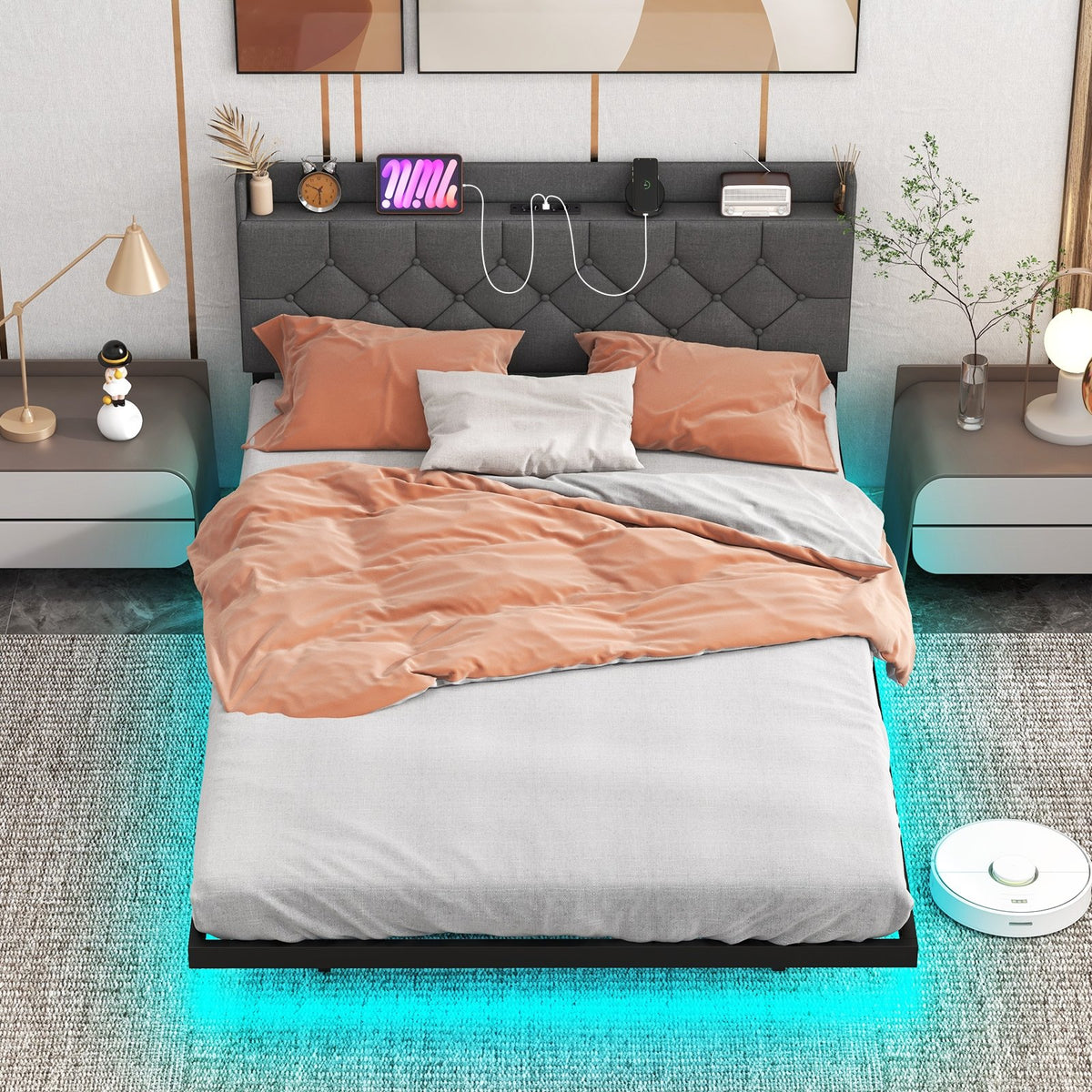 Full/Queen Size Floating Bed Frame with LED and Headboard and Charging Station-Full Size view 5
