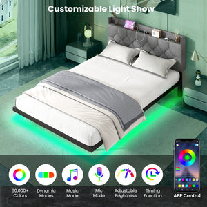 Full/Queen Size Floating Bed Frame with LED and Headboard and Charging Station-Full Size view 6