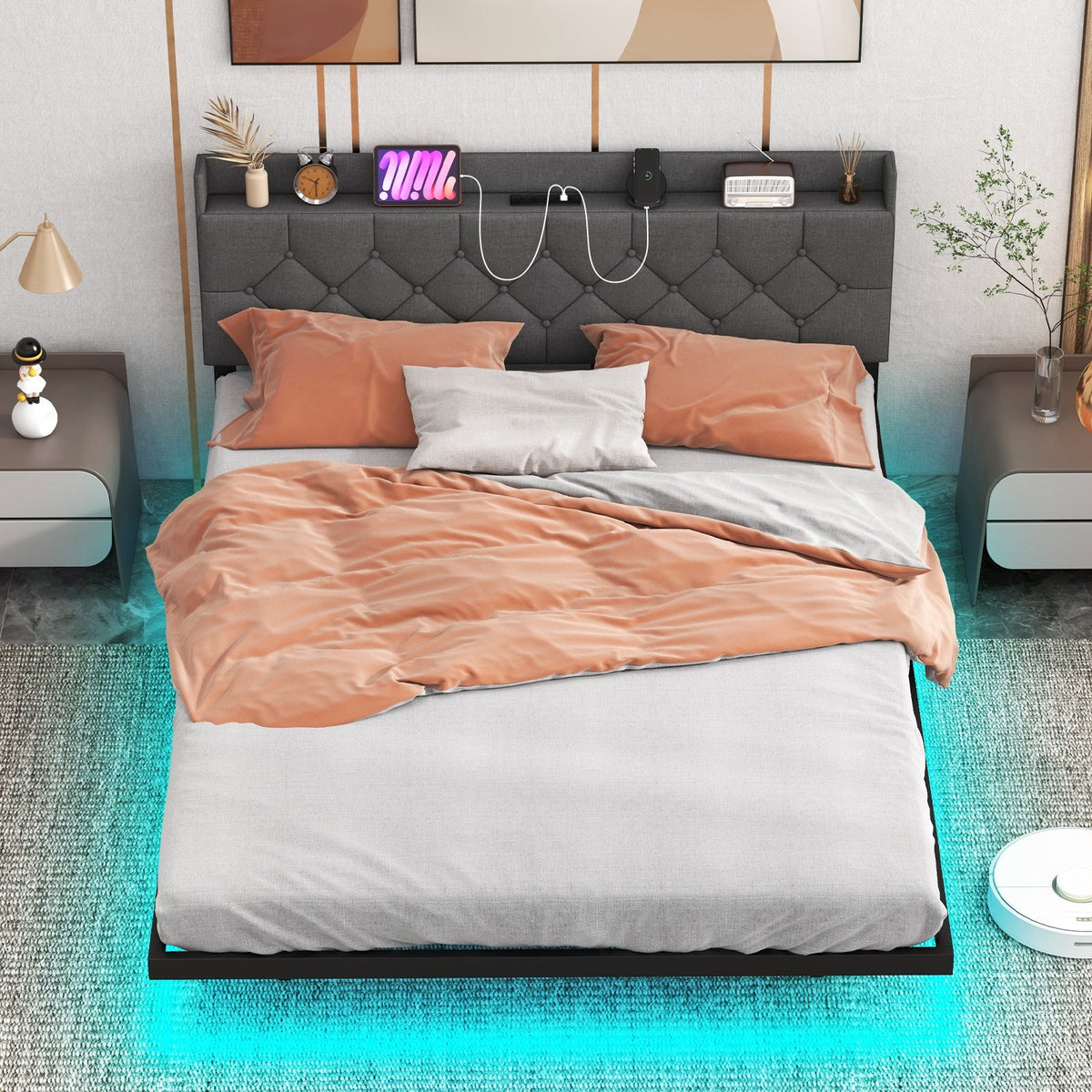 Full/Queen Size Floating Bed Frame with LED and Headboard and Charging Station-Queen Size view 3