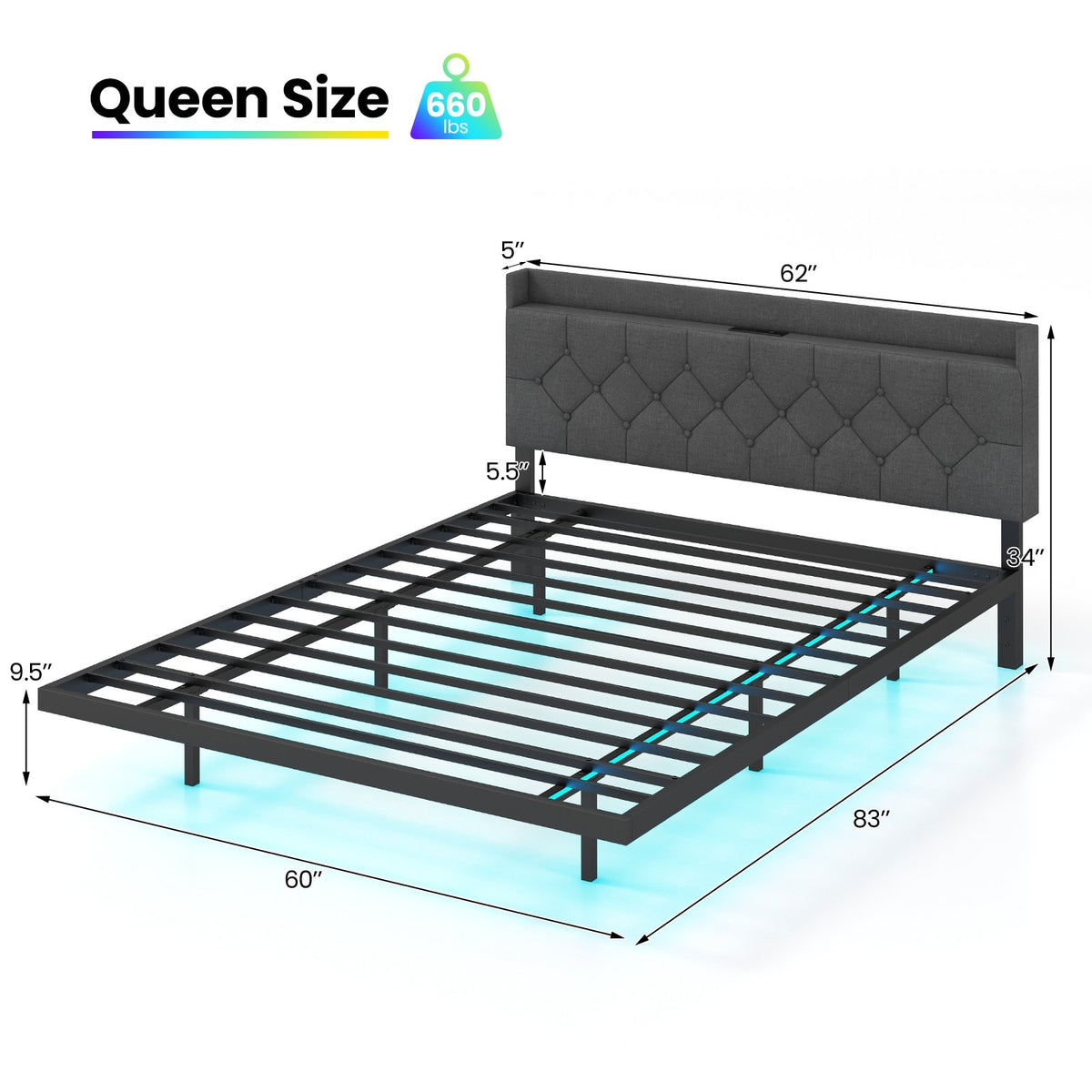 Full/Queen Size Floating Bed Frame with LED and Headboard and Charging Station-Queen Size view 4