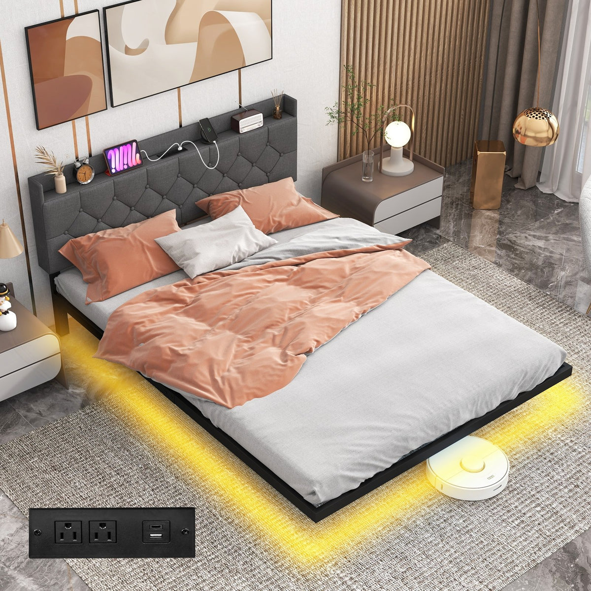 Full/Queen Size Floating Bed Frame with LED and Headboard and Charging Station-Queen Size view 5