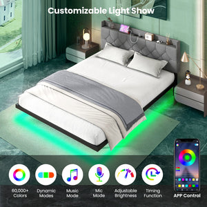 Full/Queen Size Floating Bed Frame with LED and Headboard and Charging Station-Queen Size view 6