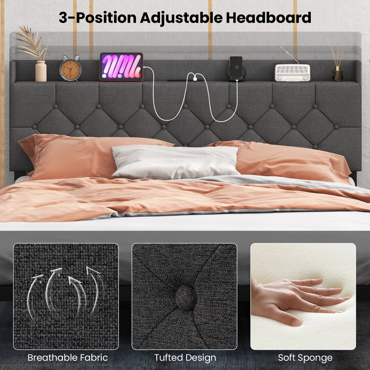 Full/Queen Size Floating Bed Frame with LED and Headboard and Charging Station-Queen Size view 8