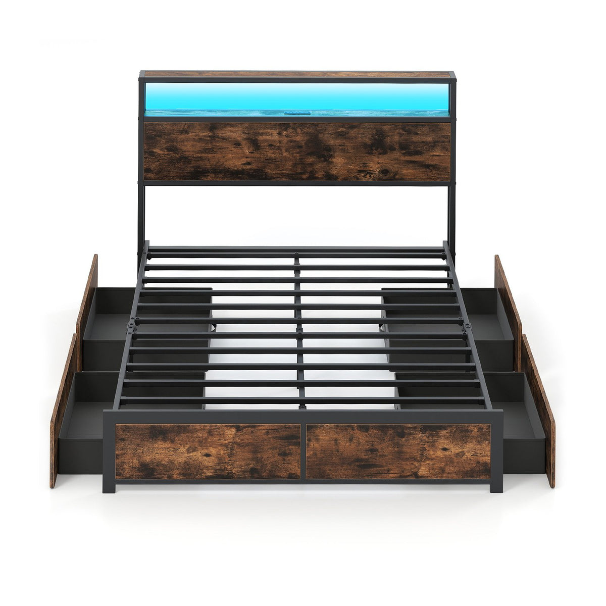 Full/Queen Size LED Bed Frame with Charging Station and 4 Storage Drawers-Full