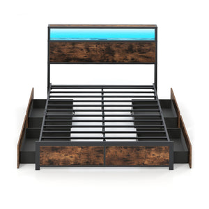 Full/Queen Size LED Bed Frame with Charging Station and 4 Storage Drawers-Full