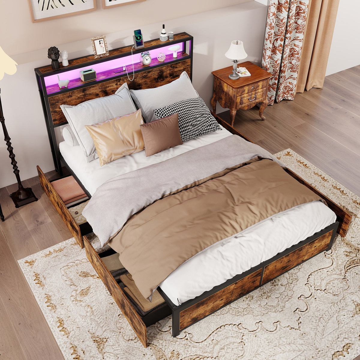 Full/Queen Size LED Bed Frame with Charging Station and 4 Storage Drawers-Full view 3