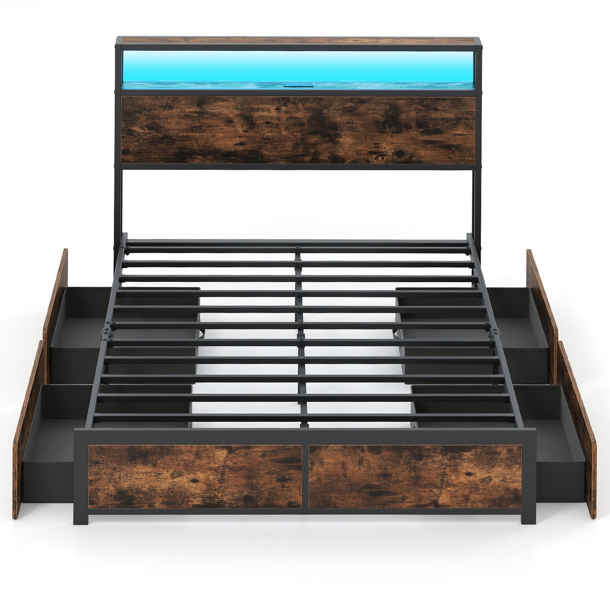 Full/Queen Size LED Bed Frame with Charging Station and 4 Storage Drawers-Full view 4