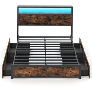 Full/Queen Size LED Bed Frame with Charging Station and 4 Storage Drawers-Full view 4