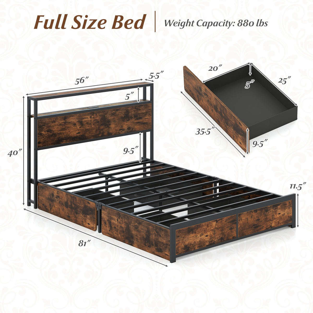 Full/Queen Size LED Bed Frame with Charging Station and 4 Storage Drawers-Full view 5