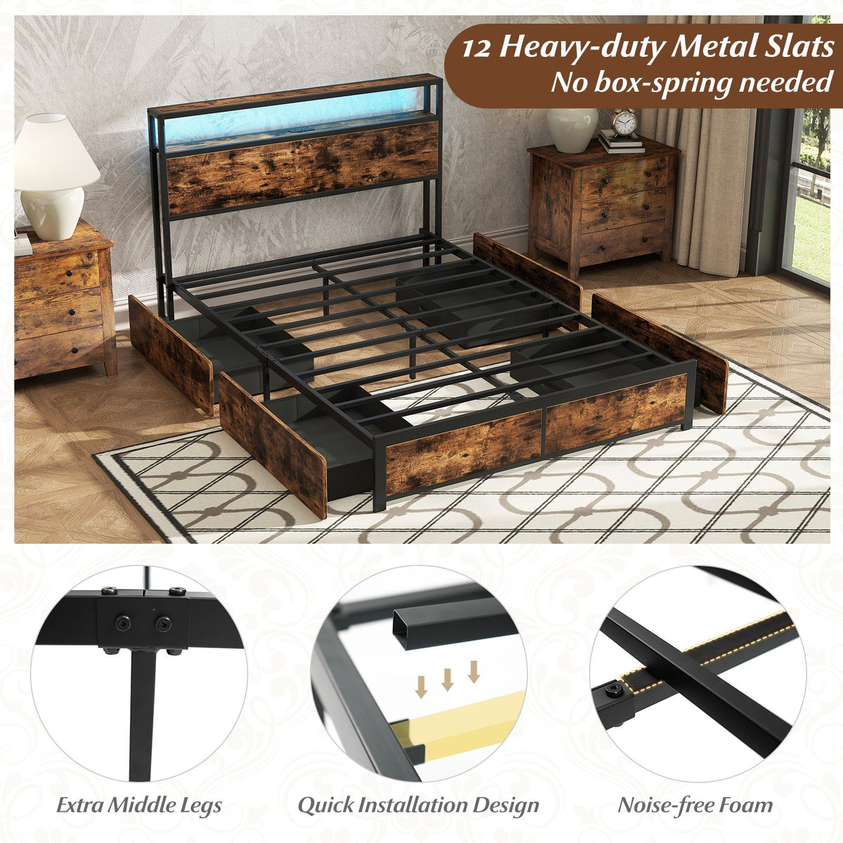 Full/Queen Size LED Bed Frame with Charging Station and 4 Storage Drawers-Full view 6