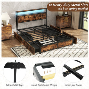 Full/Queen Size LED Bed Frame with Charging Station and 4 Storage Drawers-Full view 6