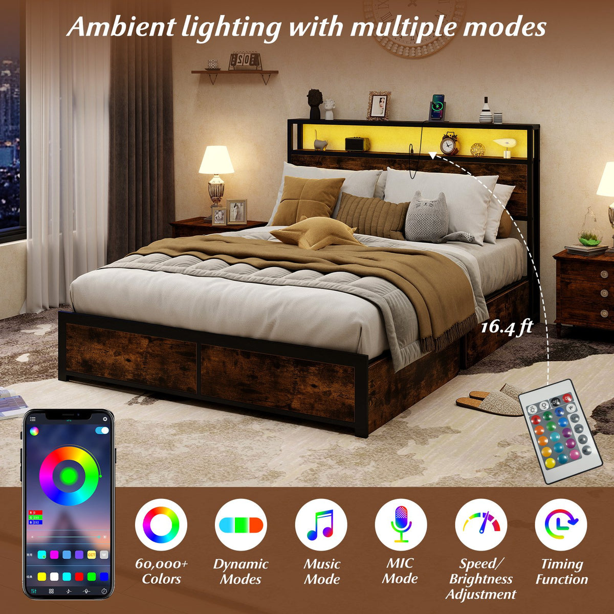Full/Queen Size LED Bed Frame with Charging Station and 4 Storage Drawers-Full view 7
