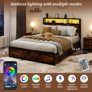 Full/Queen Size LED Bed Frame with Charging Station and 4 Storage Drawers-Full view 7