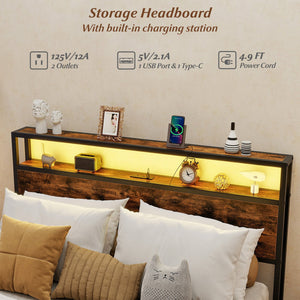 Full/Queen Size LED Bed Frame with Charging Station and 4 Storage Drawers-Full view 9