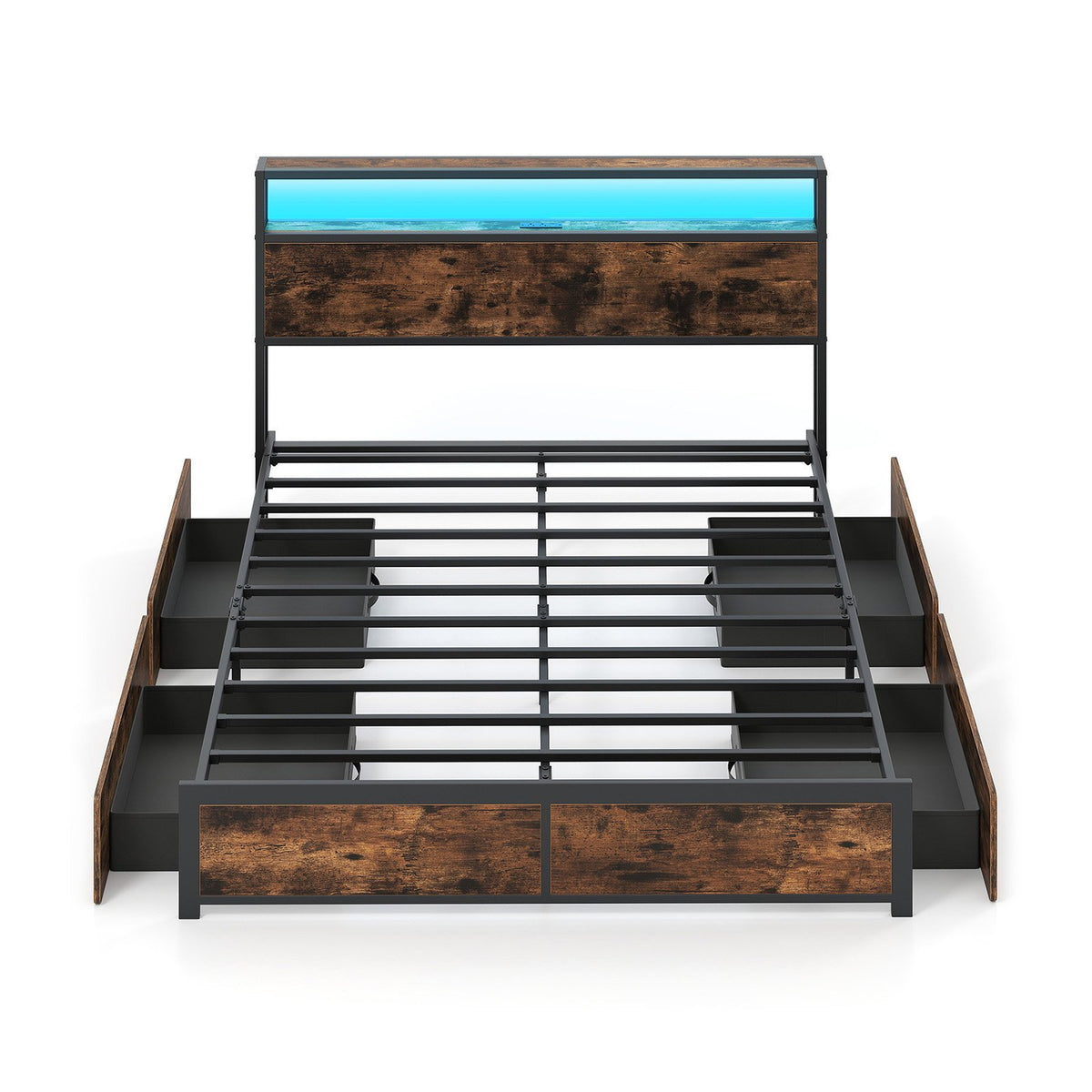 Full/Queen Size LED Bed Frame with Charging Station and 4 Storage Drawers-Queen